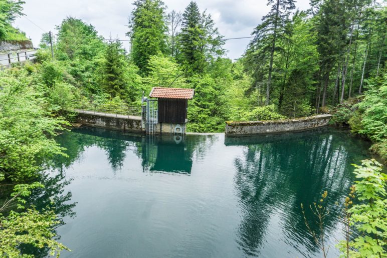 Der kleine Speicherteich, der den Fludererbach staut