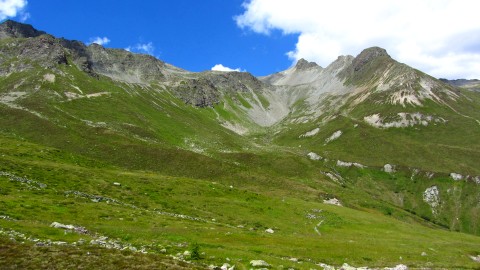 Die Almlandschaft und die Berge der Verwallgruppe oberhalb der Hütte