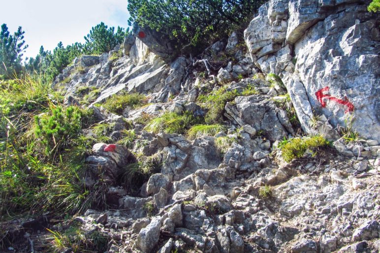 Der Aufstieg auf den Brecherspitz, über glitschige Felsen