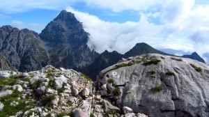 Watzmann im Hintergrund, Wegmarkierung im Vordergrund