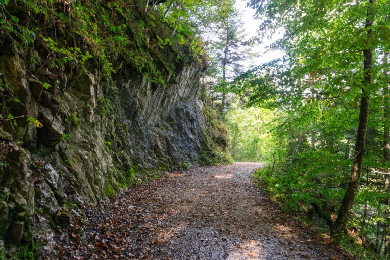 Der Weg führt an einer Felswand entlang