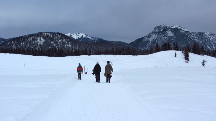 Auf dem Premiumwinterwanderweg wandert man über die weite Almfläche der Hemmersuppenam