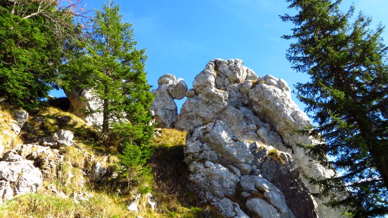 Durch die Felsen kraxeln wir zum Gipfel des Fockenstein