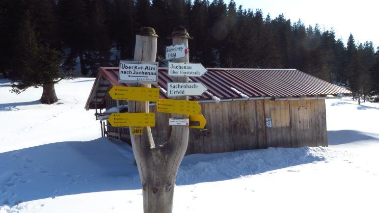 Am Wegweiser der Jocheralm gehen wir Richtung Sachenbach / Urfell