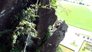 Blick auf den Fels und runter auf den Parkplatz des Möbelhauses