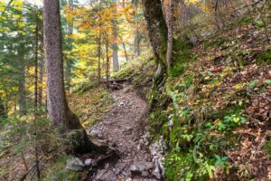 Auf dem steinigen Bergsteig wandern wir bergauf