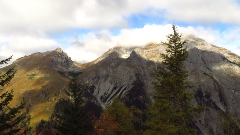 Der Blick von der Drijaggenalm am Panoramaweg auf das Gamsjoch