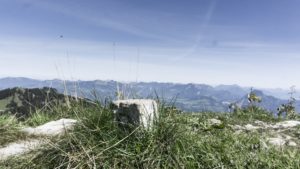 Ein Grenzstein auf dem Deutschen Weg zum Purtschellerhaus. Berchtesgadener Alpen