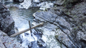 Genau dort, wo die Klamm eng wird, hat sich ein Baumstamm verkantet