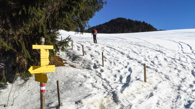 Der erste Anstieg durch den tiefen Schnee startet gleich am Parkplatz Gugg