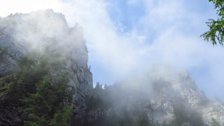 Die Felsen oberhalb sind von Nebelschwaden umgeben