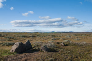 Der Blick nach Westen. Weite Landschaft und ganz hinten die Bergkette