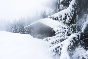 Hütte am Waldrand, mit dem beschlagenen Objektiv fotografiert