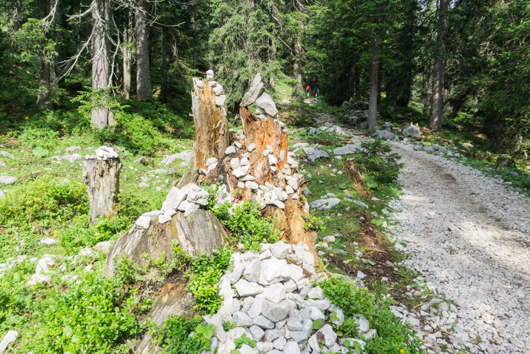 Ein Baumstamm, der als Steinmanndl genutzt wird