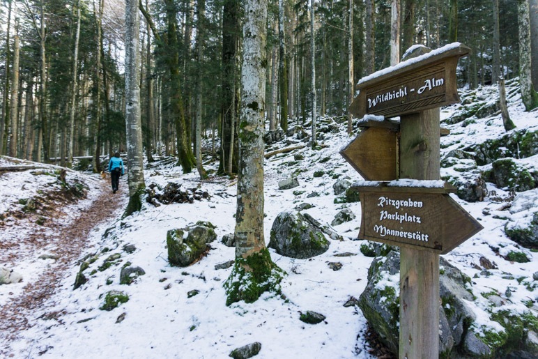 Links ab am großen Holzwegweiser