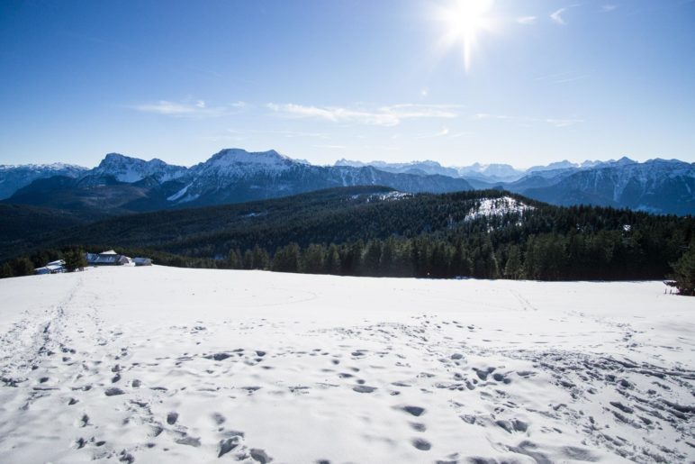 Der Blick vom Gipfel auf die Stoißer Alm und den dahinter liegenden Hochstaufen