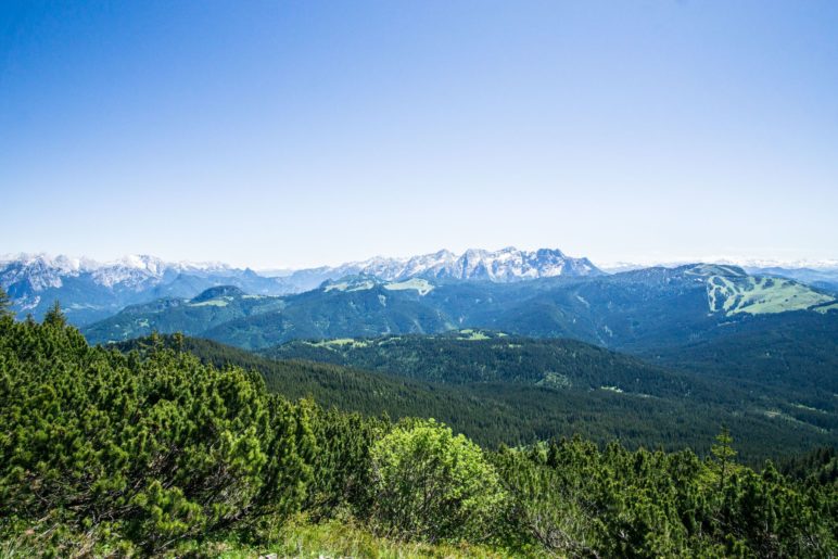 Der Blick vom Gipfel reicht von den Berchtesgadener Alpen über die Steinberge bis zur Steinplatte. Weiter westlich wäre noch das Kaisergebirge