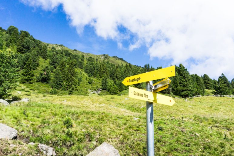 Der Abzweig zum Grieskogel, dessen Gipfel schon zu sehen ist