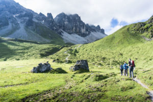 Felsen auuf der Almwiese und die Kalkkögel im Hintergrund