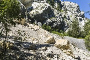 An der Abzweigung zurück zum See: Hier sind einige Felsen vom Traunstein heruntergekommen