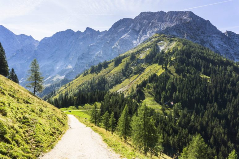 Der Blick zum Eckersattel und hinauf zum Eckerfirst mit dem Purtschellerhaus