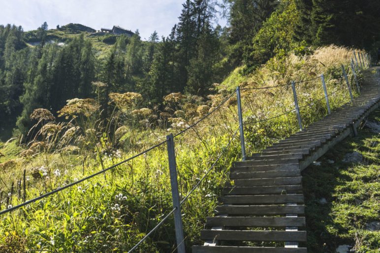 Auf den Holztreppen, mit dem Purtschellerhaus im Blick