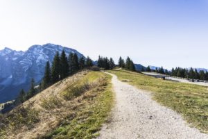 Der Panoramarundweg auf dem Scheitel der Roßfeldstraße. Im Hintergrund der Hohe Göll