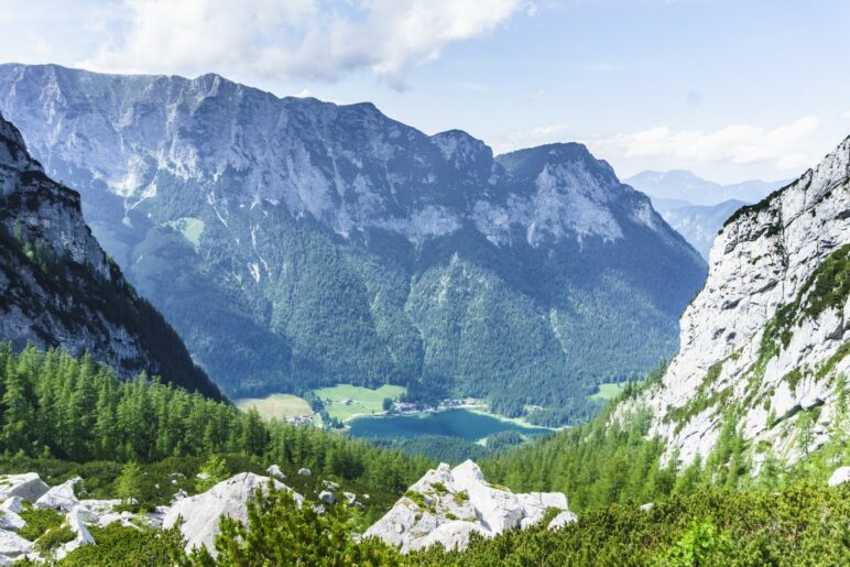 Der Blick von der Hüttenterrasse auf den Hintersee und die Reiteralpe