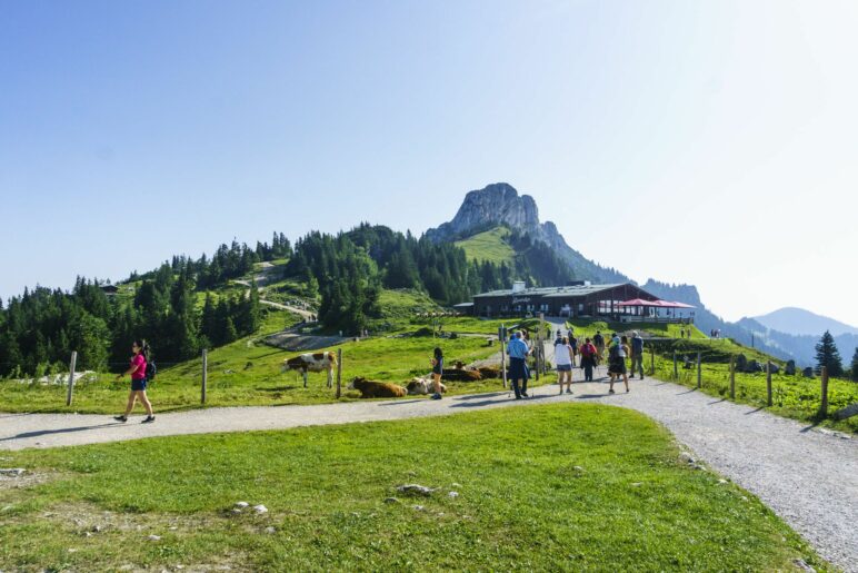 Blick hinüber zur Sonnenalm und zum Felskamm. Gut zu erkennen ist auch der einzige Aufstieg des Panoramawegs