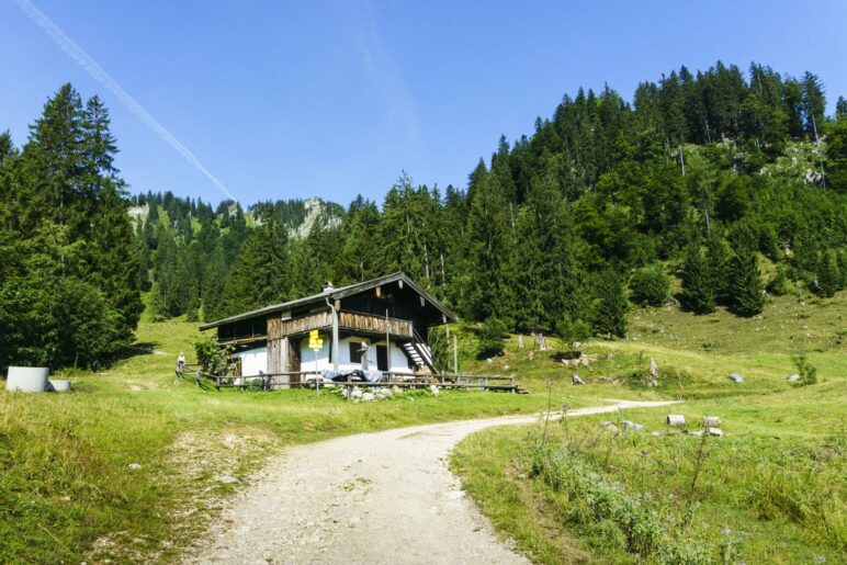 Kurz vor der Brandneralm. Wir steigen links am Almgebäude vorbei weiter auf