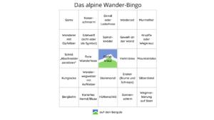 Das alpine Wander Bingo, Karte 1 zum Ausdrucken