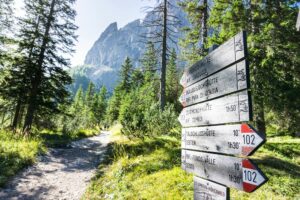 Ein Holzwegweiser zur Zsigmondyhütte. Wir sind wieder im Tal angelangt