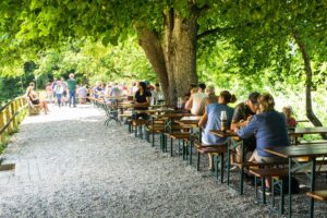 Der Biergartenbereich auf dem Damm. Hier sitzt man wunderbar unter den Bäumen