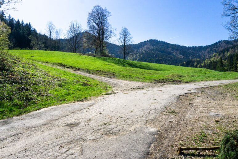 Der Abzweig auf den Treckerweg, direkt nach der Rechtskurve